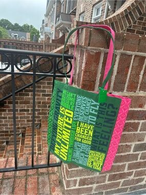 Green and Pink Graphic Tote Bag with Typographic Print